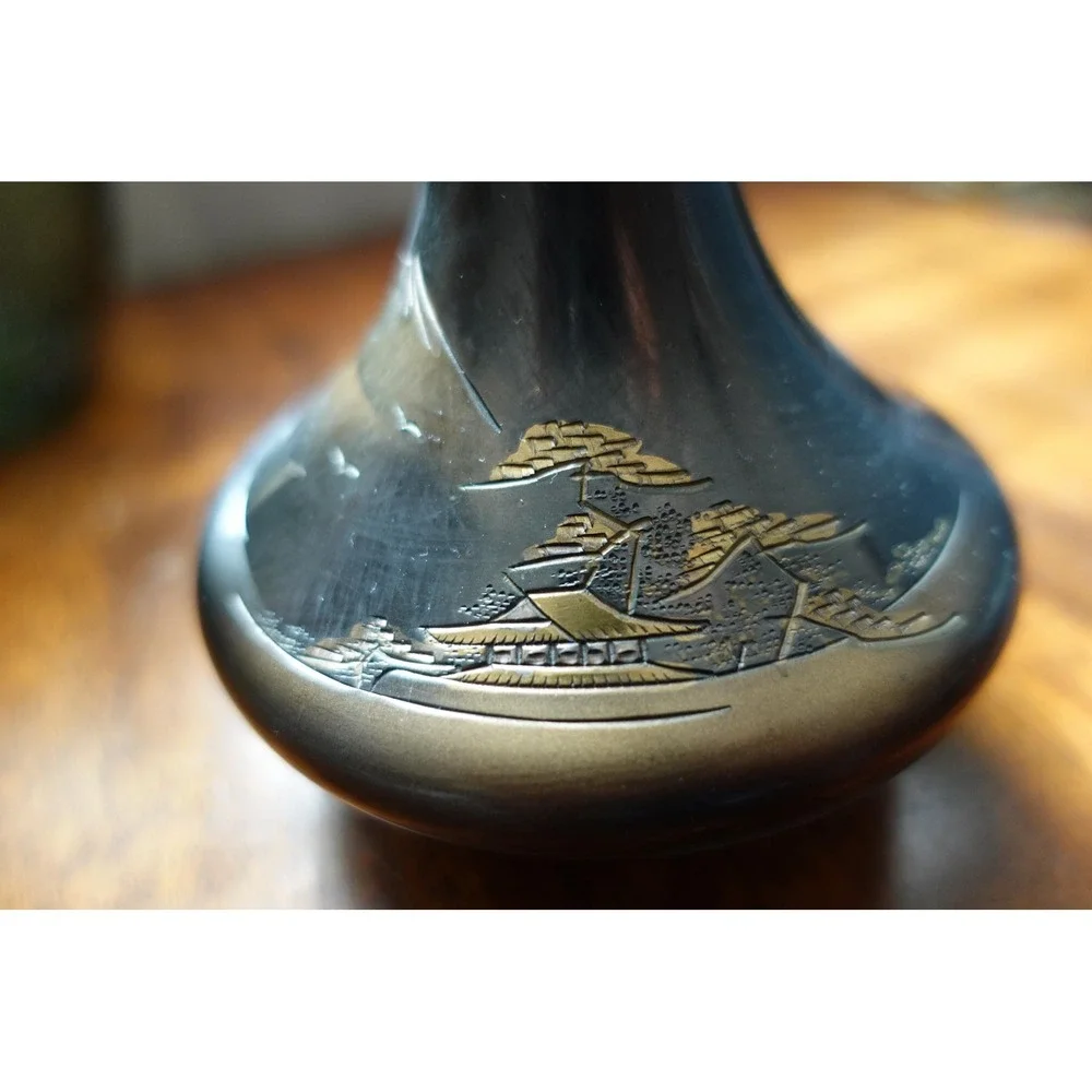Vintage Japanese Bud Vase Silver Black Mountain Scene Home Decor Display‎